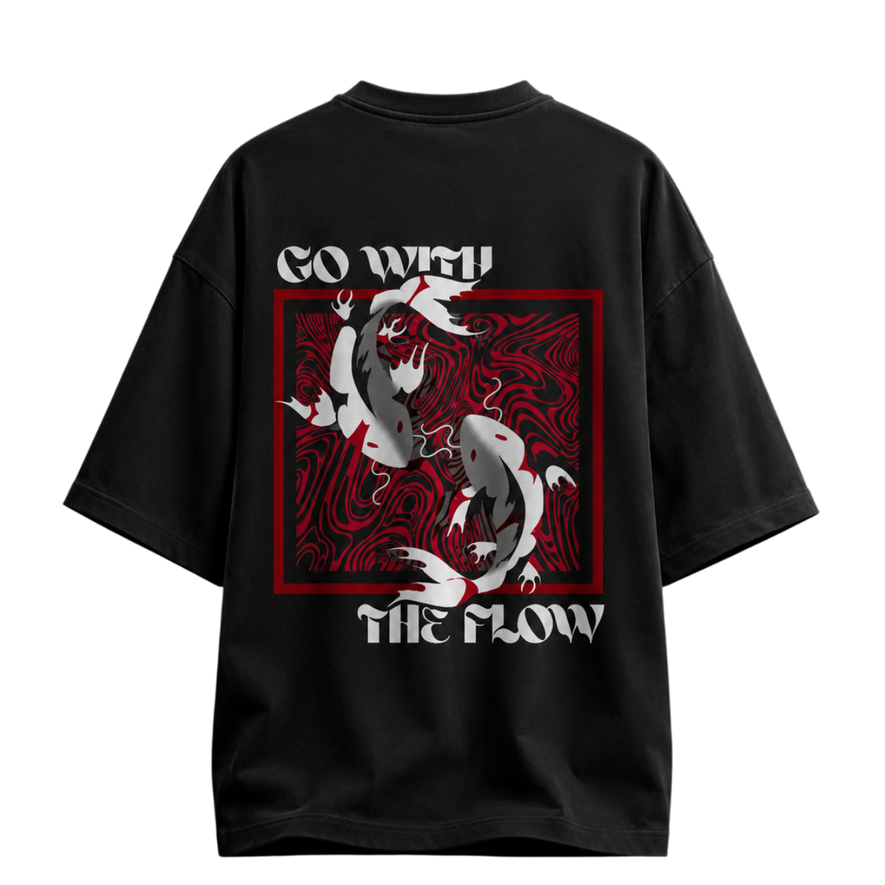 Black t-shirt with red and white graphic design on a white background
