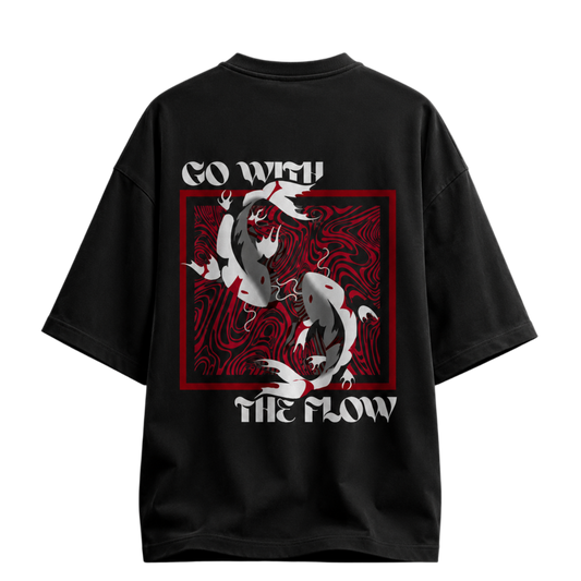 Black t-shirt with red and white graphic design on a white background